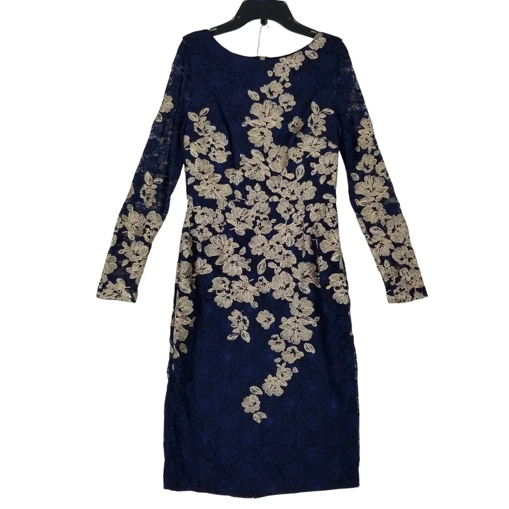XSCAPE Sheath Dress Women 8P Navy Gold Floral Lace Embroidered Long Sleeve 163XP